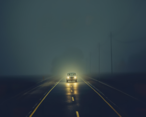 Image of car driving at night on dark road