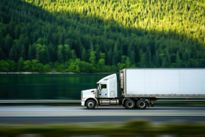 Photo of a heavy 18-wheeler truck driving fast on a road with trees in the background 