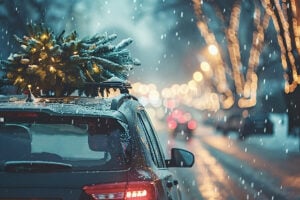 Car during the holiday season with a tree on the roof of the car