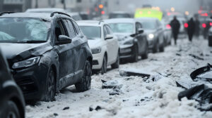 pile-up car crash in the snow